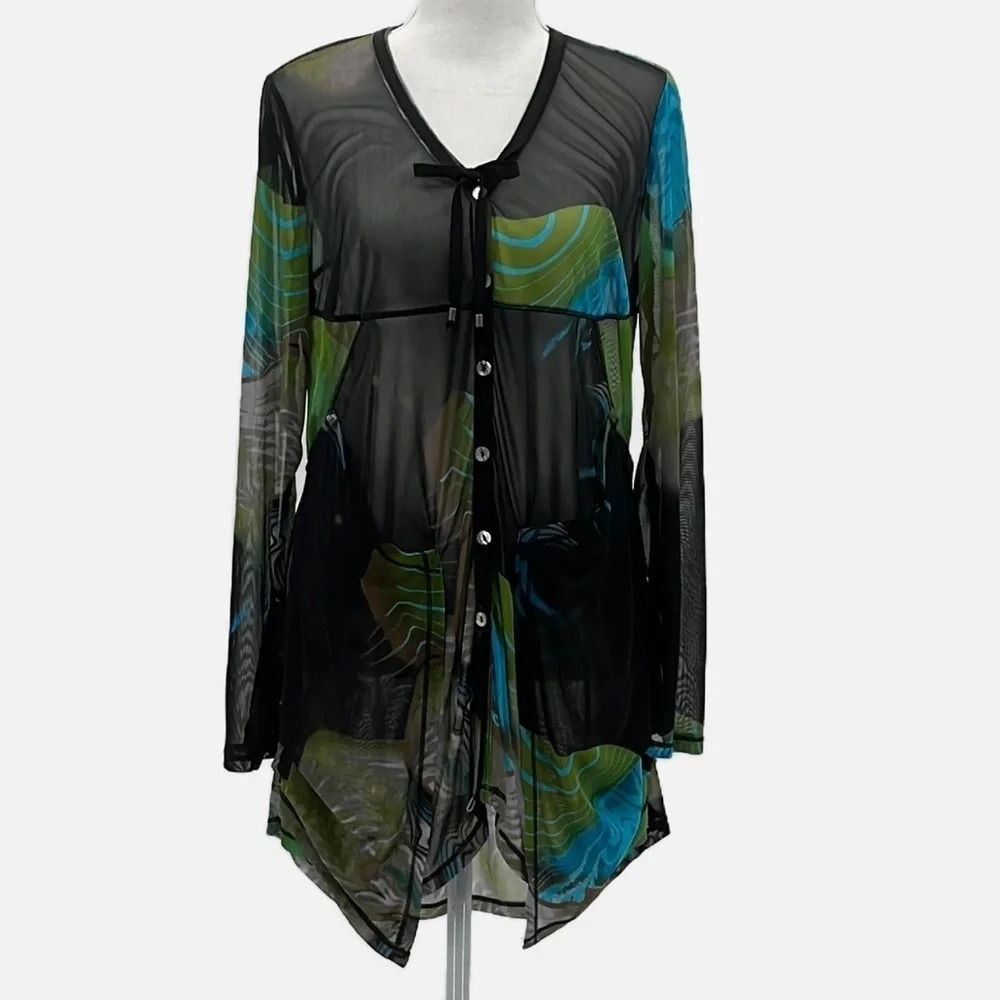 Joseph Ribkoff Sheer Mesh Abstract Button Up Tuni… - image 1